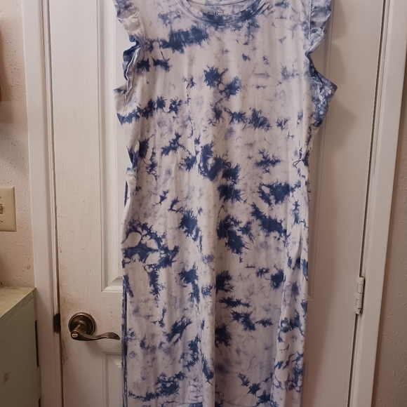 Women's pull over dress, cotton blend, string tie, white and blue. - Picture 4 of 4
